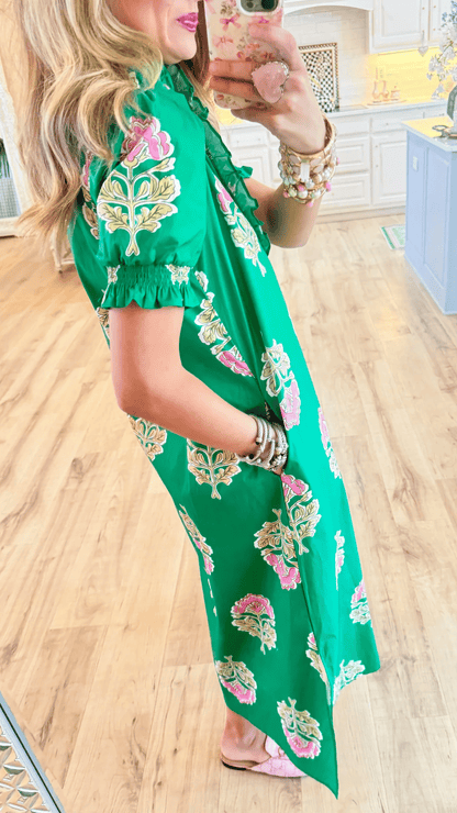 Green Floral Print Ruffle Stand Collar Midi Dress