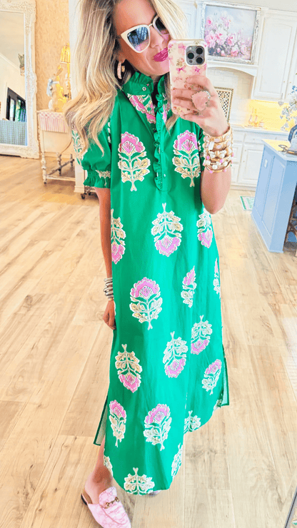 Green Floral Print Ruffle Stand Collar Midi Dress