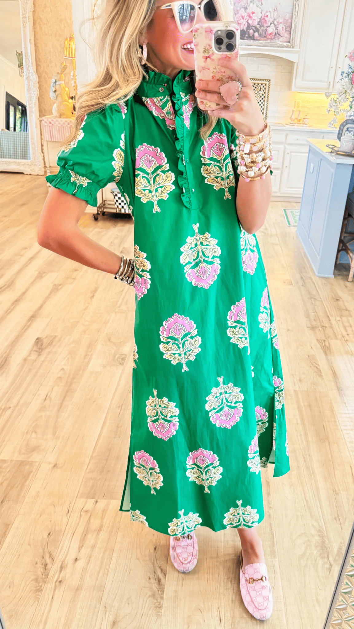 Green Floral Print Ruffle Stand Collar Midi Dress