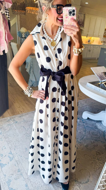 White and Black Polka Dot Belted Shirt Dress