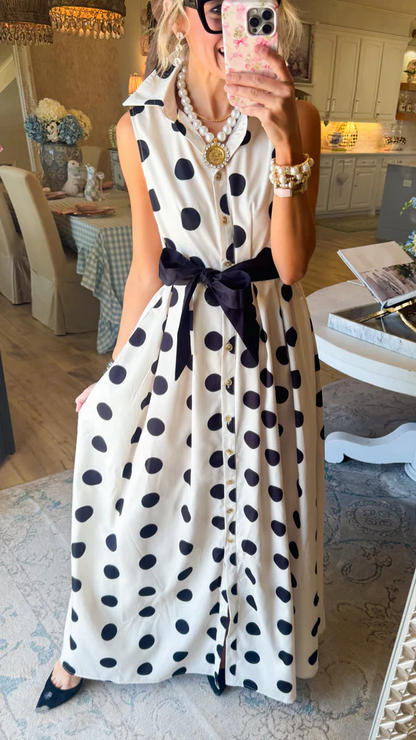 White and Black Polka Dot Belted Shirt Dress