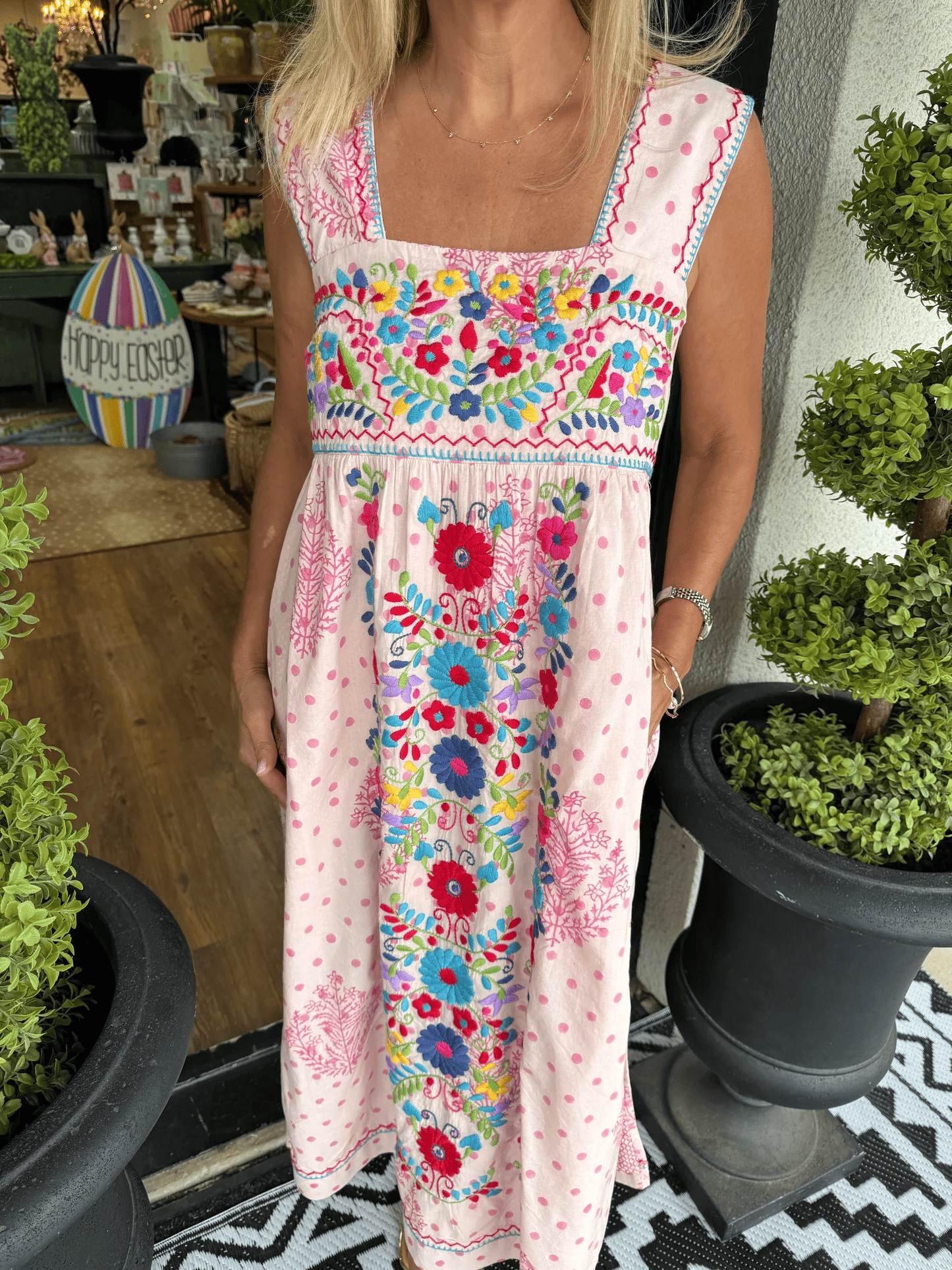 Pink Multi Floral Embroidered Midi Dress