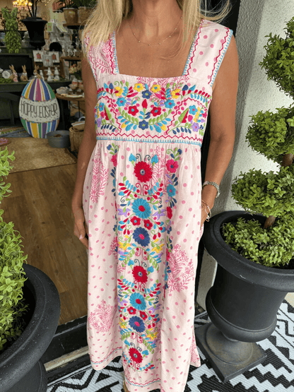 Pink Multi Floral Embroidered Midi Dress