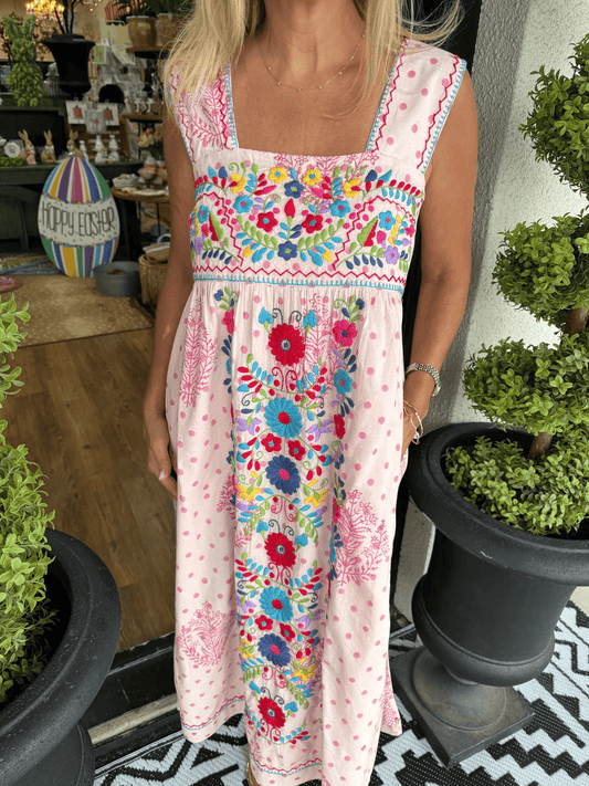 Pink Multi Floral Embroidered Midi Dress