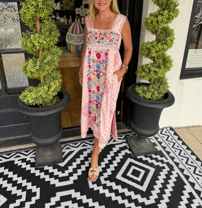 Pink Multi Floral Embroidered Midi Dress