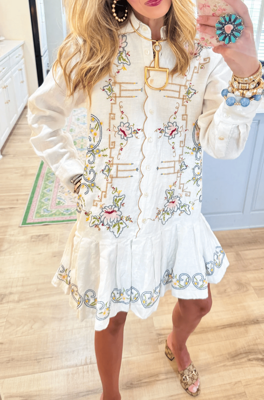 White Printed Ruffle Hem Midi Dress