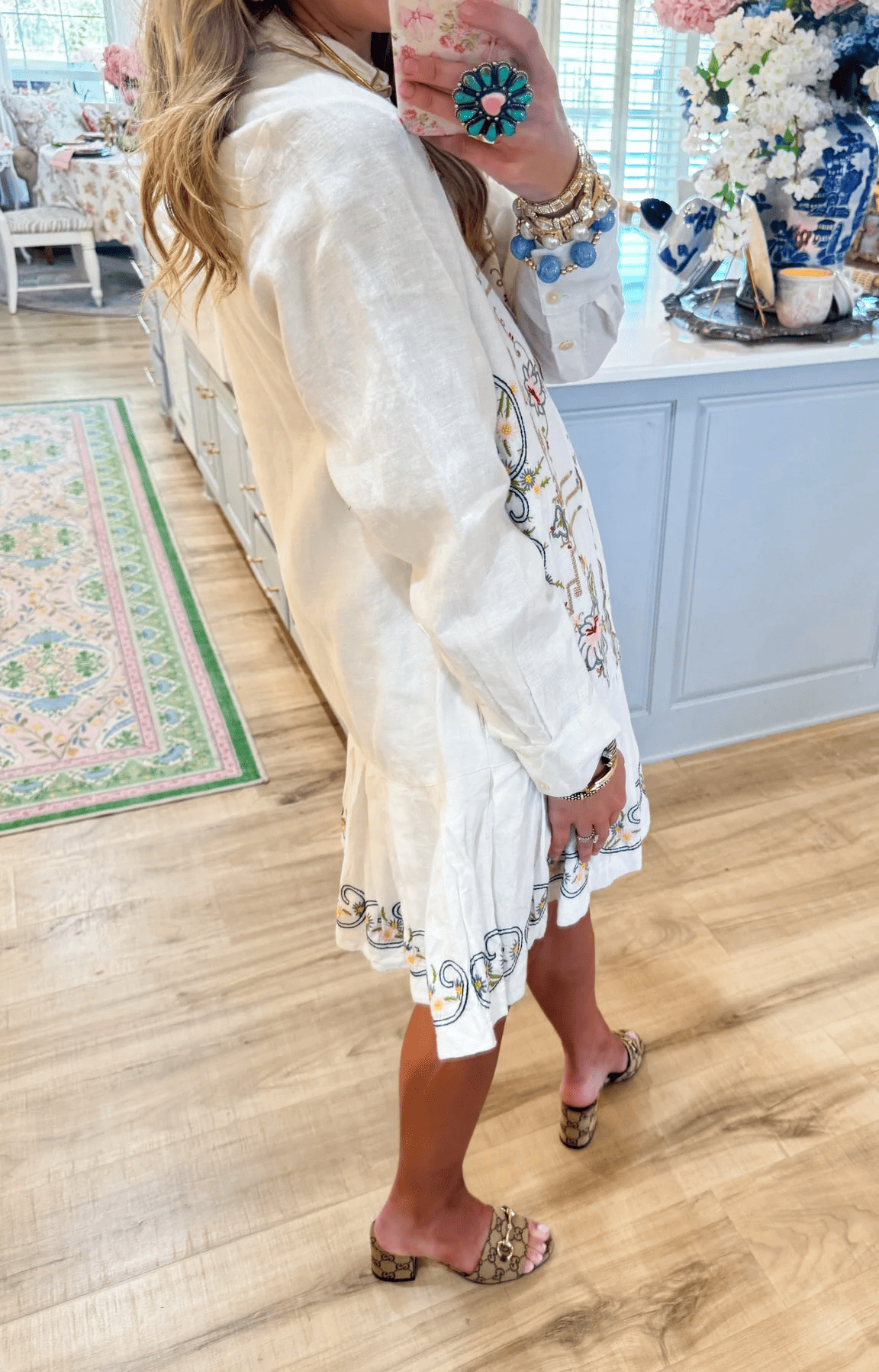 White Printed Ruffle Hem Midi Dress