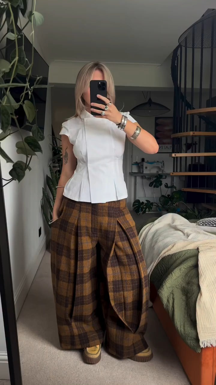 Checkered Pleated Wide-Leg Pants