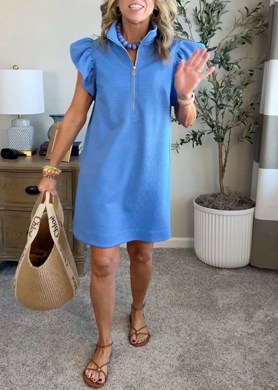Front-zip ruffled-sleeve dress