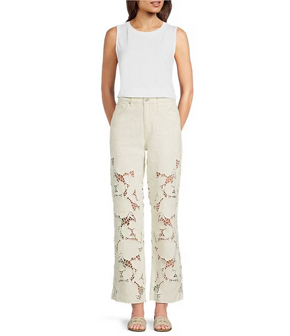 Stretch Denim Lace High Rise Wide Leg Jeans