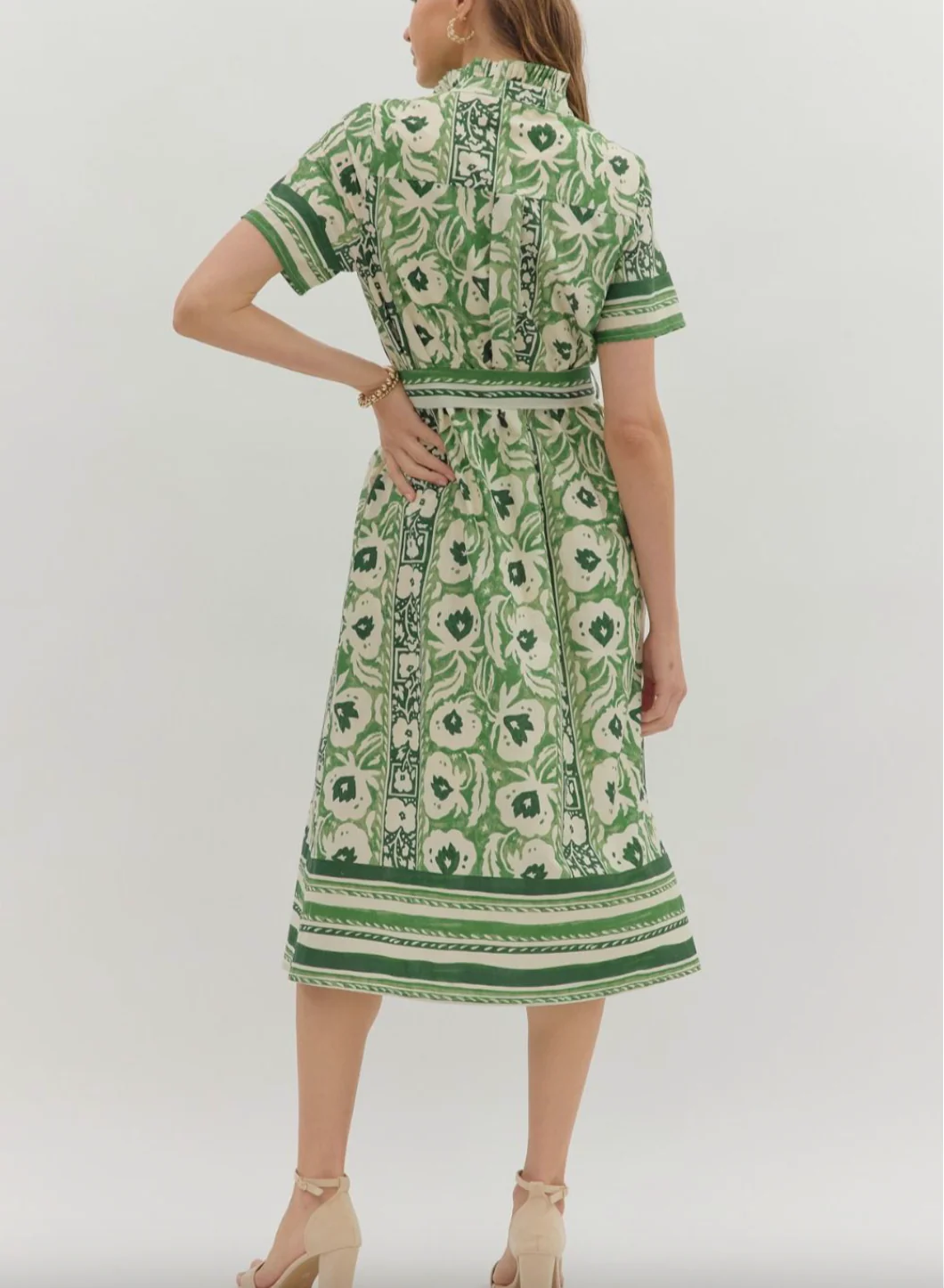 Green Print Button Down Midi Dress