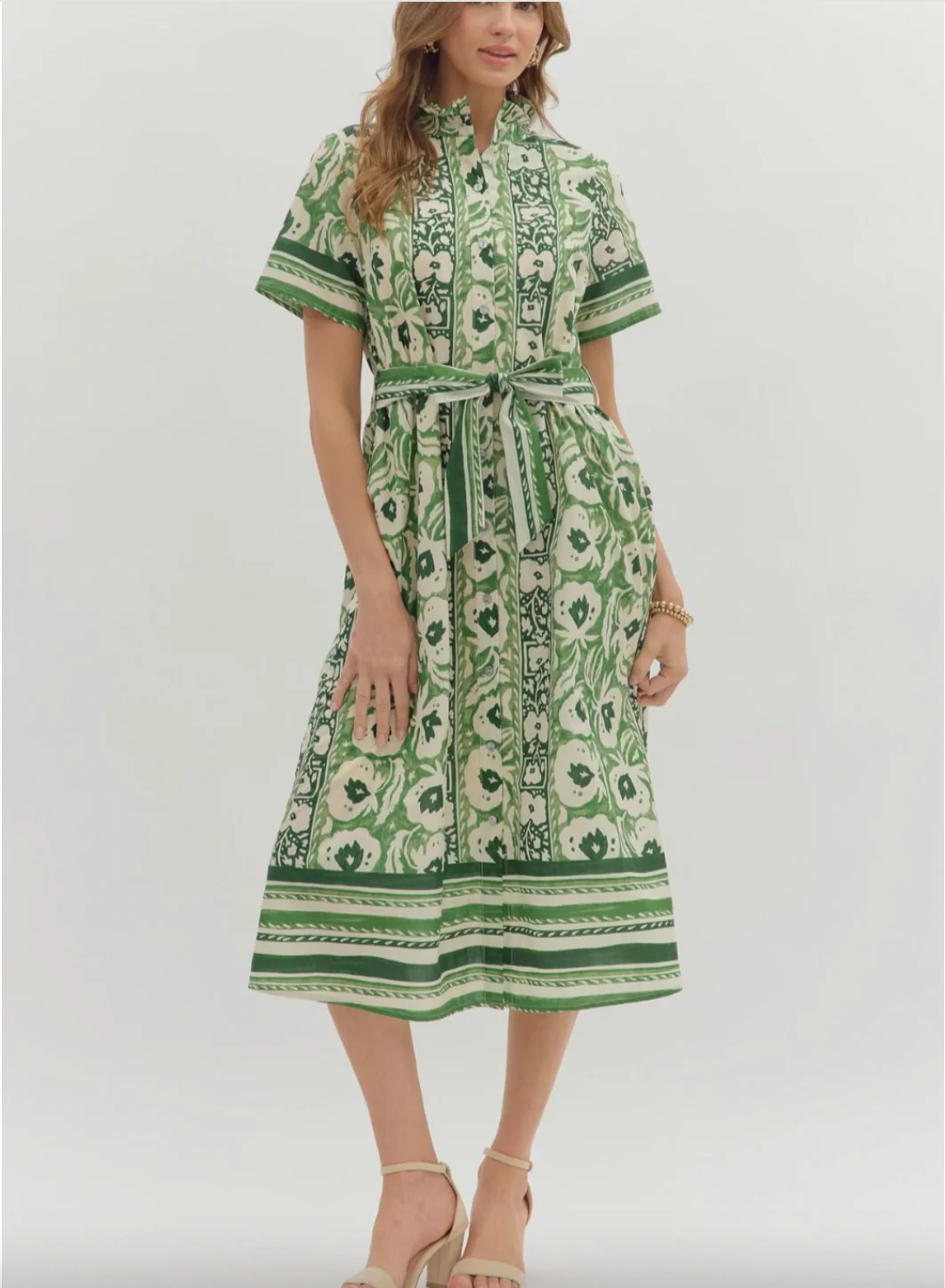 Green Print Button Down Midi Dress
