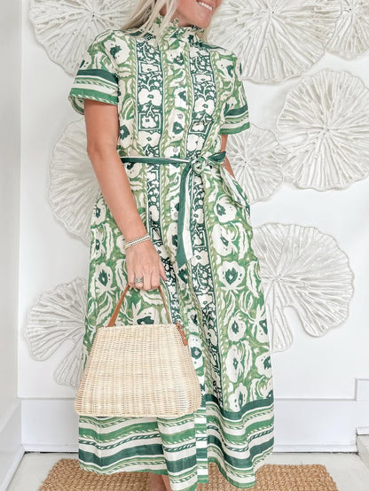 Green Print Button Down Midi Dress