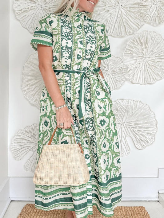 Green Print Button Down Midi Dress