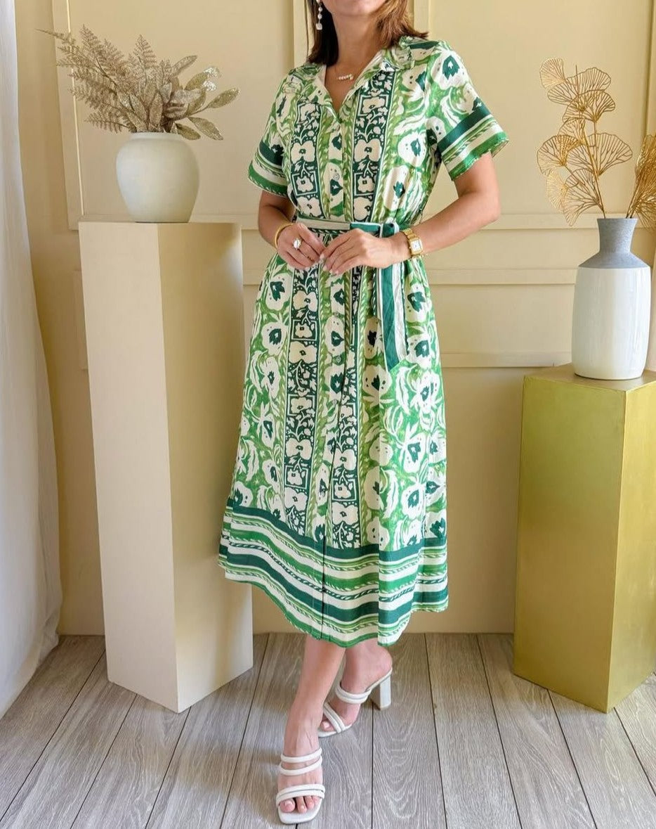 Green Print Button Down Midi Dress