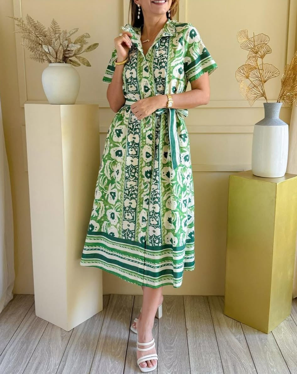 Green Print Button Down Midi Dress