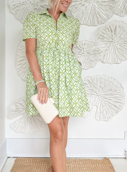 Front-buttoned bow-tie print mini dress