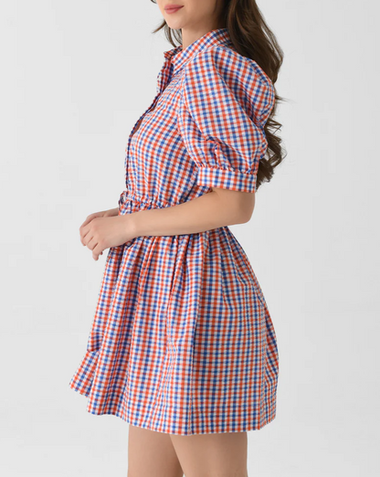 Puff-sleeve striped mini dress