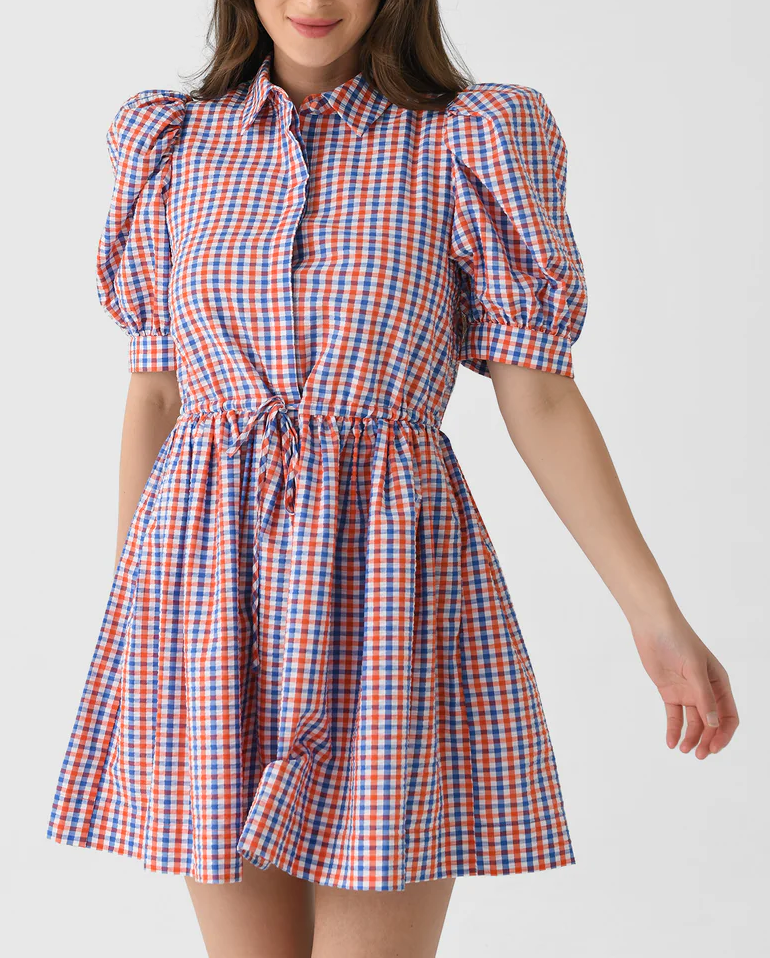 Puff-sleeve striped mini dress