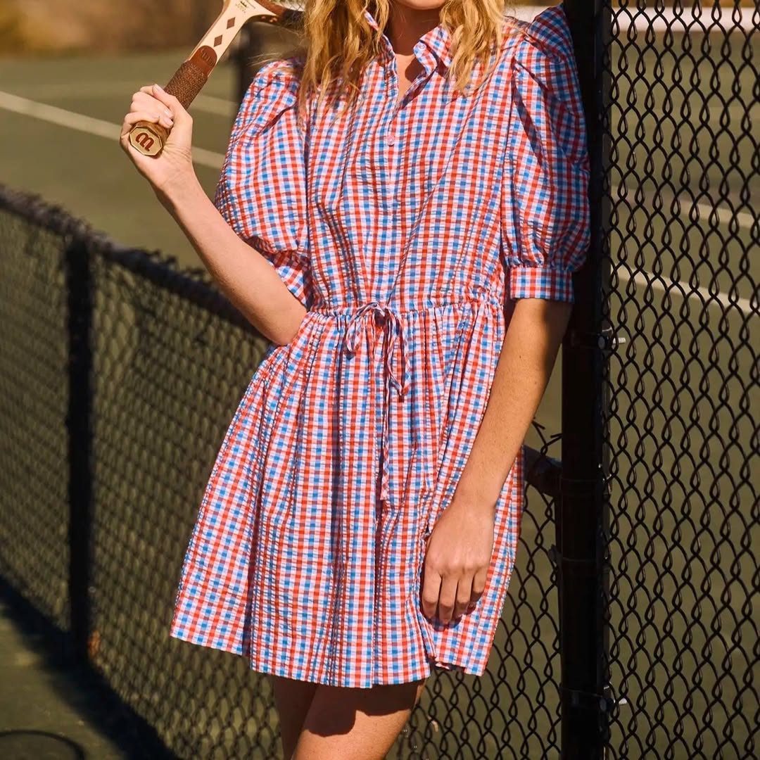 Puff-sleeve striped mini dress
