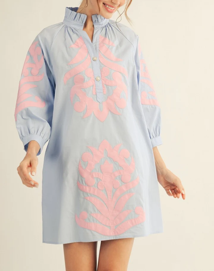 Button Detail Short Puff Sleeves Dress