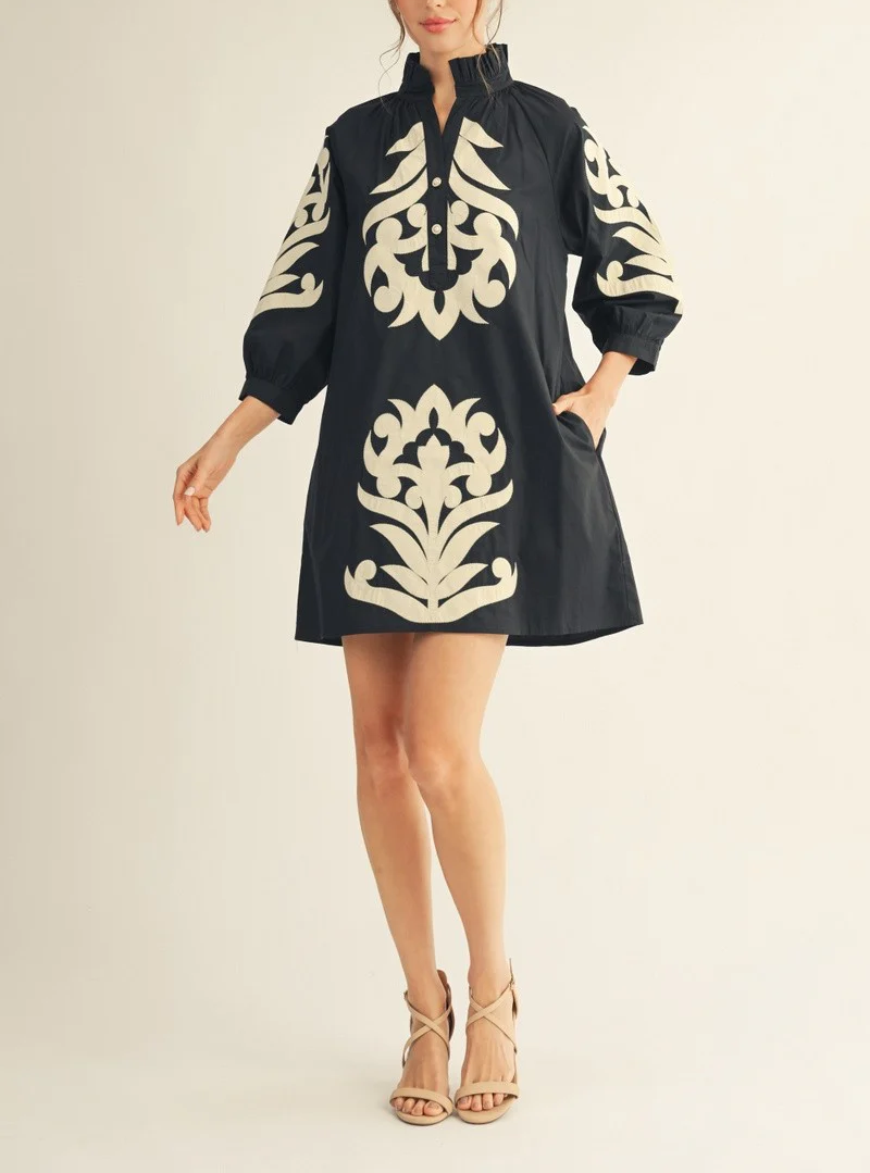 Button Detail Short Puff Sleeves Dress