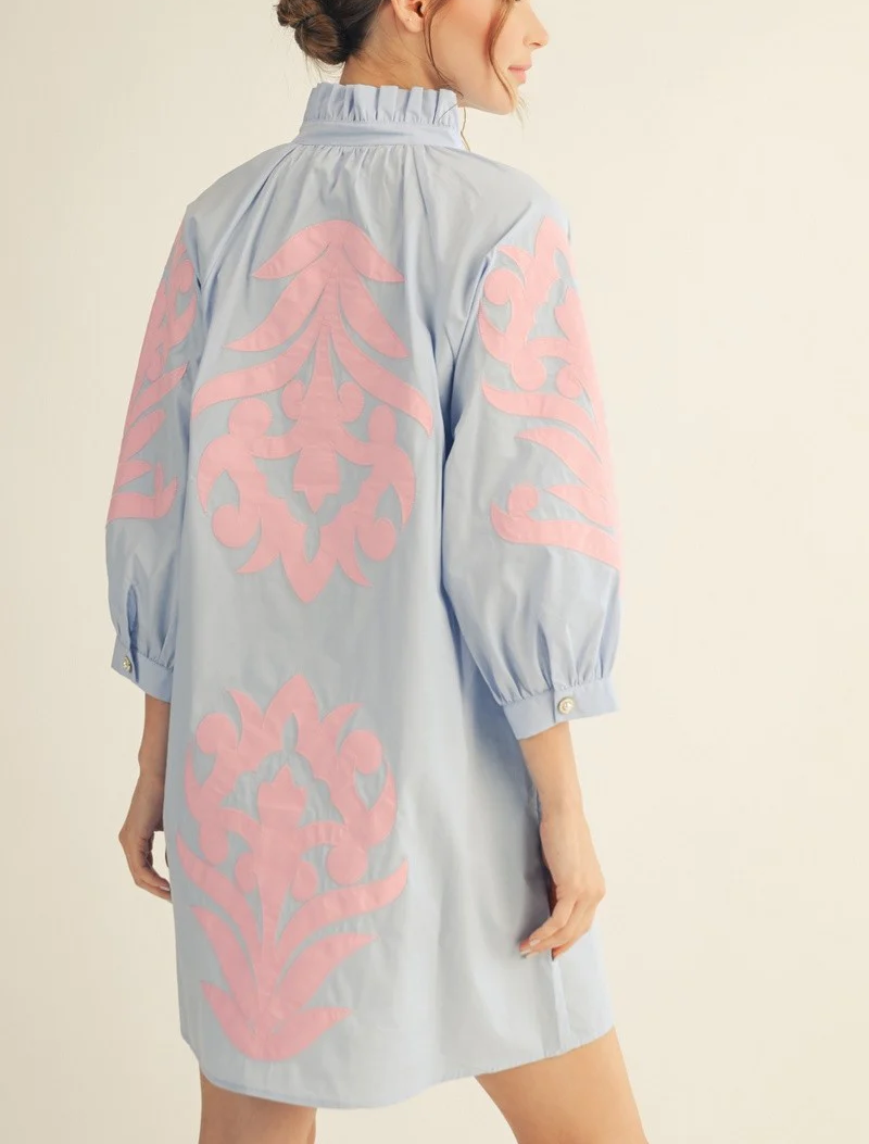 Button Detail Short Puff Sleeves Dress