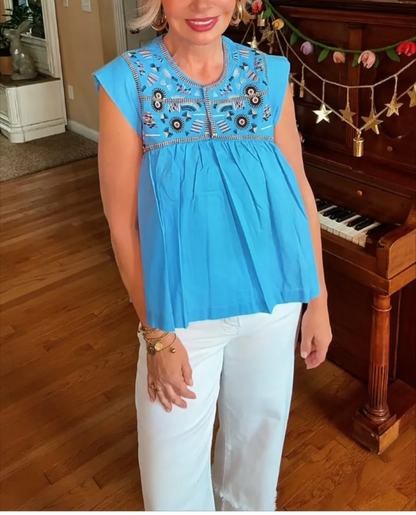 Cap Sleeve Printed Yoke Top