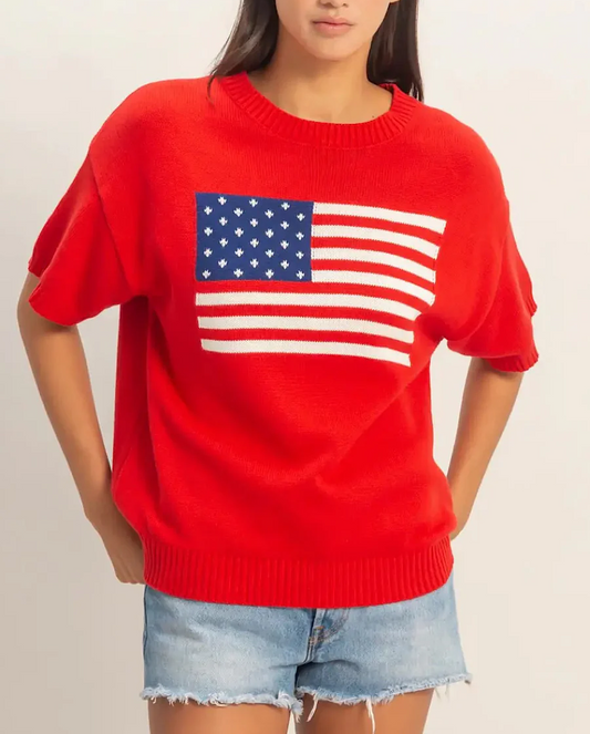 Red American Flag Short Sleeve Sweater