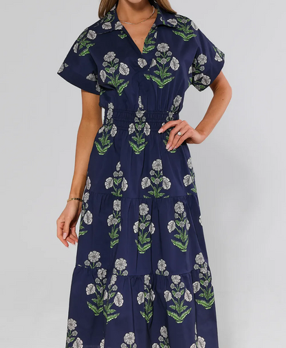Navy Floral Print Midi Dress