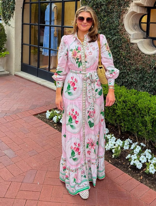 A-Line Flounce Hem Button Front Maxi Dress