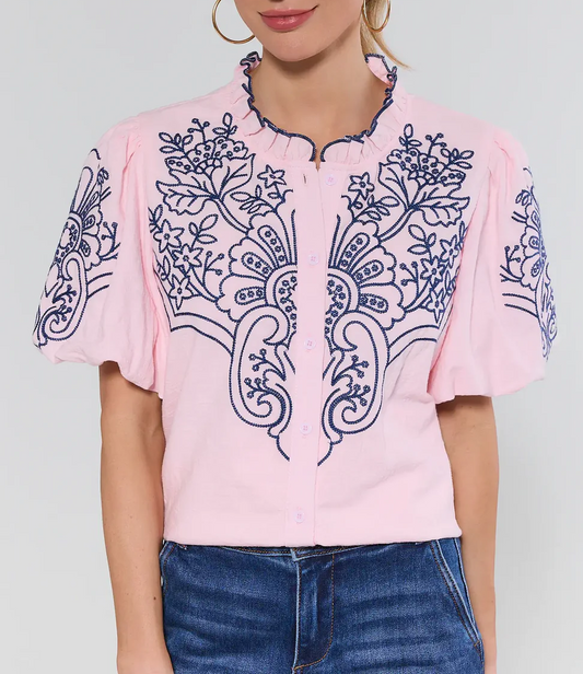 Pink Printed Button Up Top