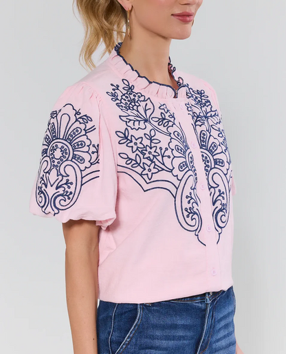 Pink Printed Button Up Top