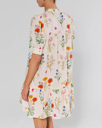 White Floral Print Drop Waist Dress