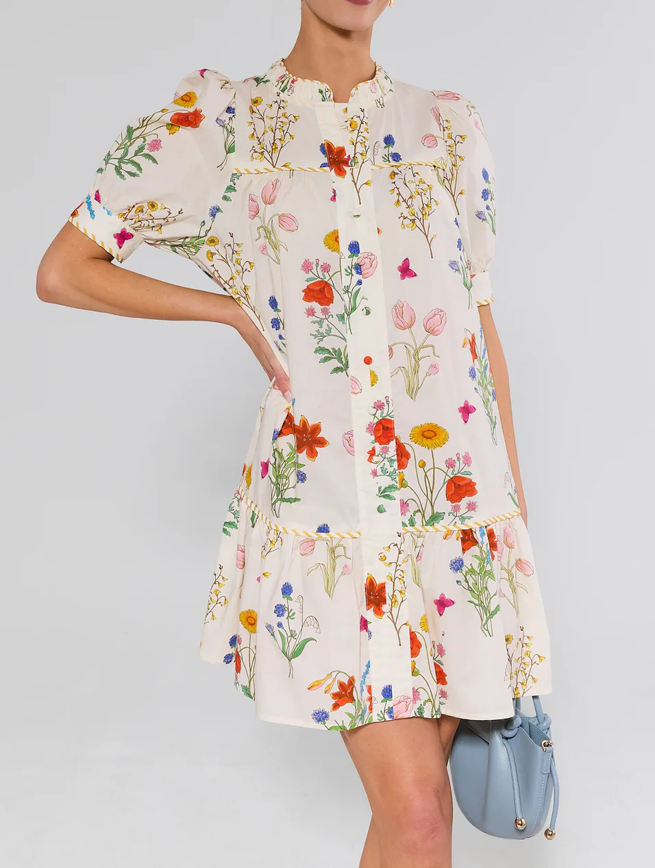 White Floral Print Drop Waist Dress