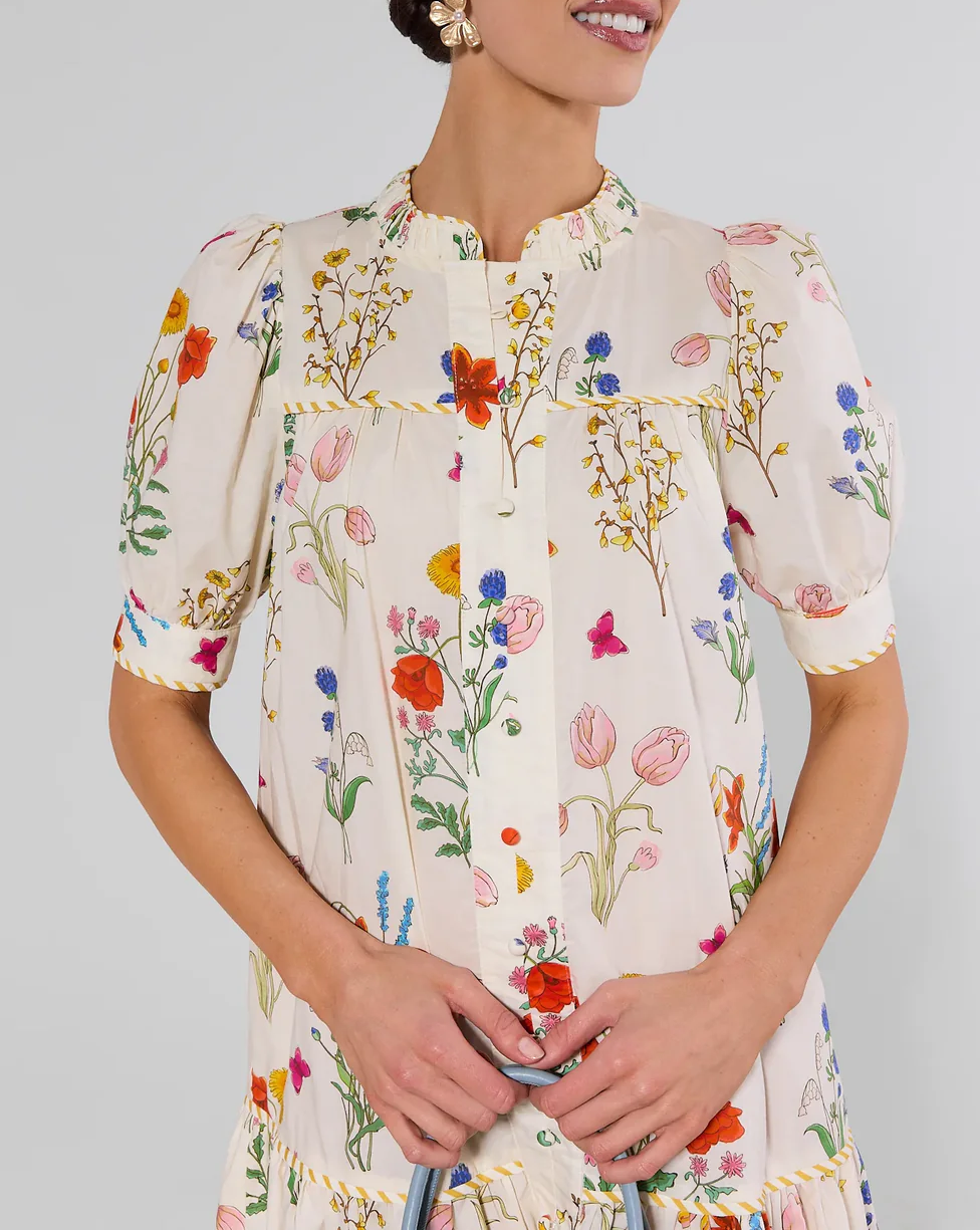 White Floral Print Drop Waist Dress