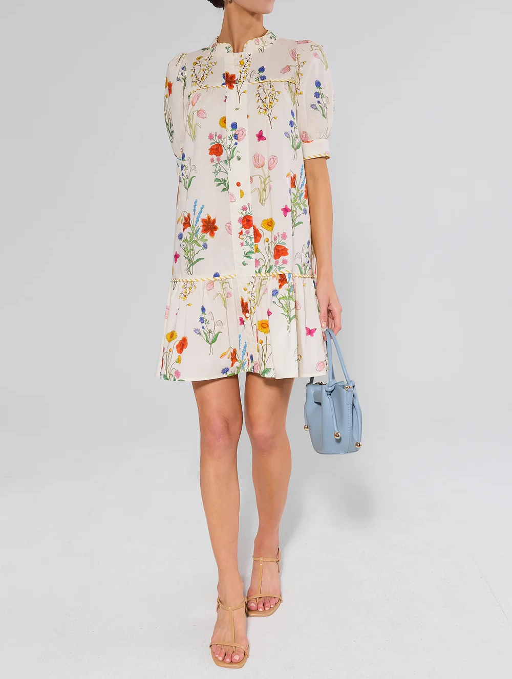 White Floral Print Drop Waist Dress