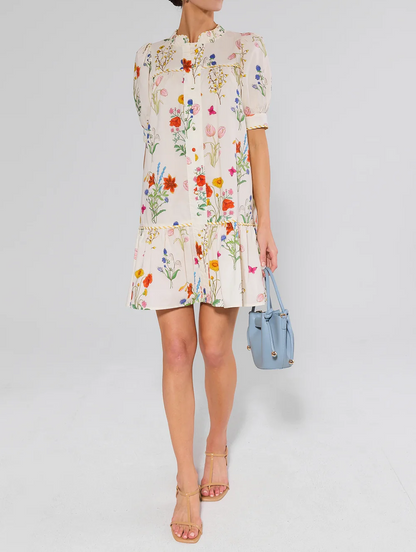 White Floral Print Drop Waist Dress