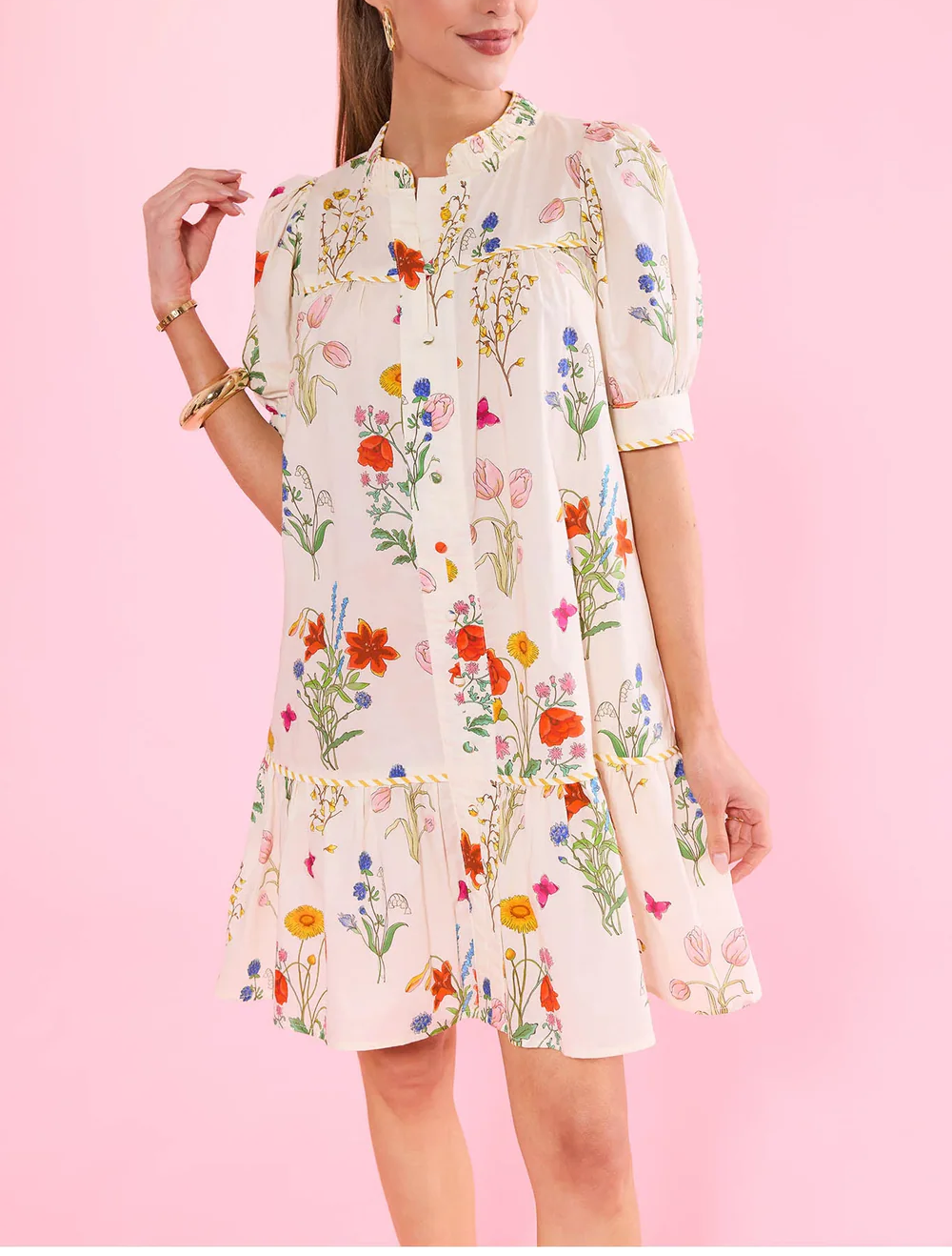 White Floral Print Drop Waist Dress