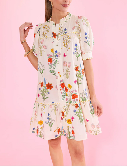 White Floral Print Drop Waist Dress