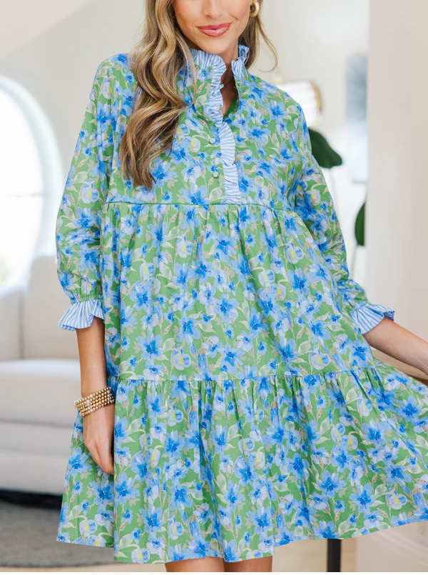 The Serenity Blue & Green Floral Dress
