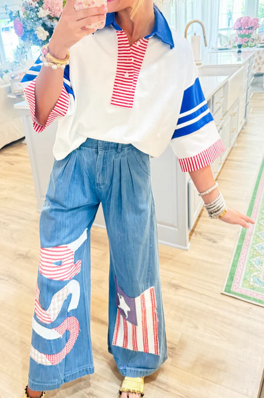 Stripe Polo Top+USA Patchwork Pants