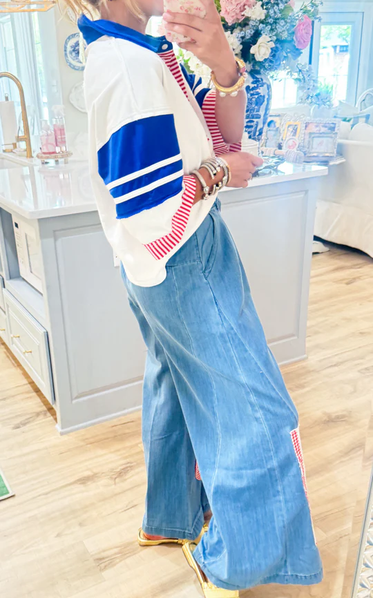 Stripe Polo Top+USA Patchwork Pants