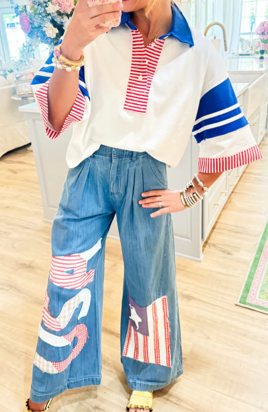 Stripe Polo Top+USA Patchwork Pants