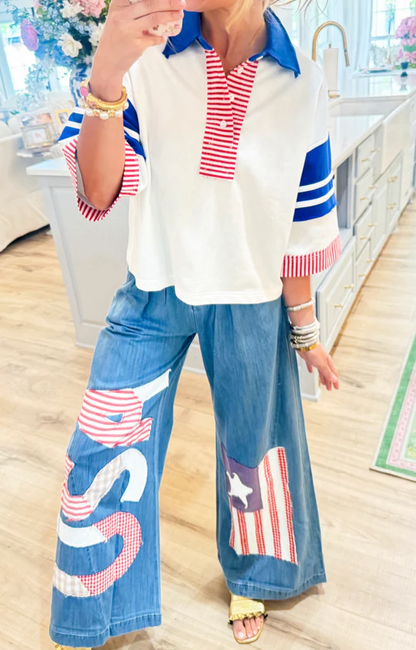 Stripe Polo Top+USA Patchwork Pants
