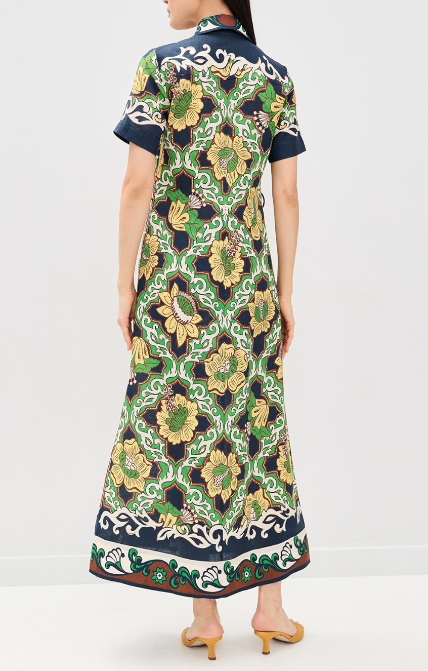 Printed linen midi shirt dress
