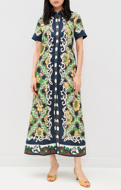 Printed linen midi shirt dress