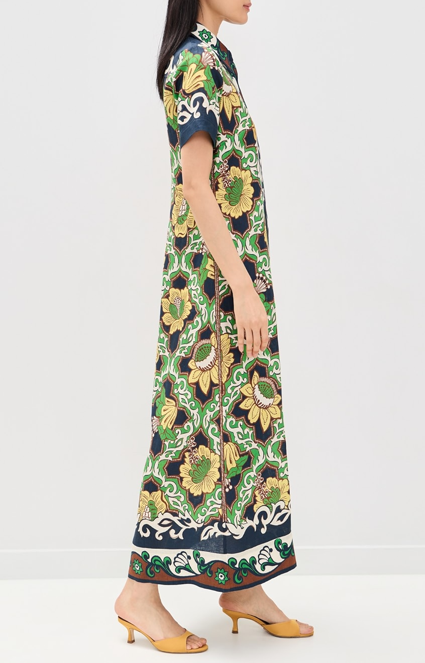 Printed linen midi shirt dress