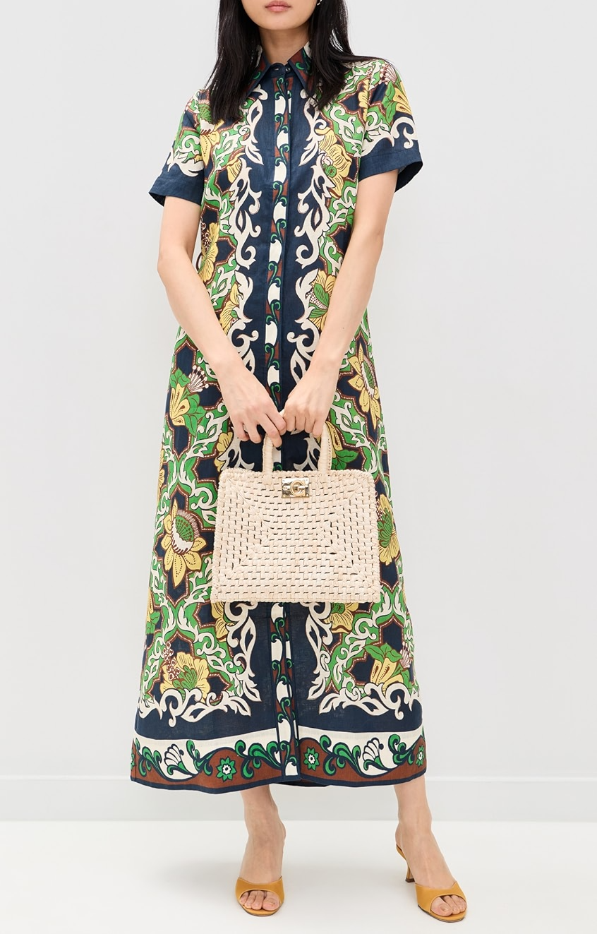 Printed linen midi shirt dress