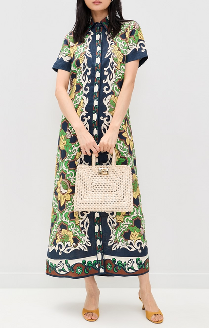Printed linen midi shirt dress
